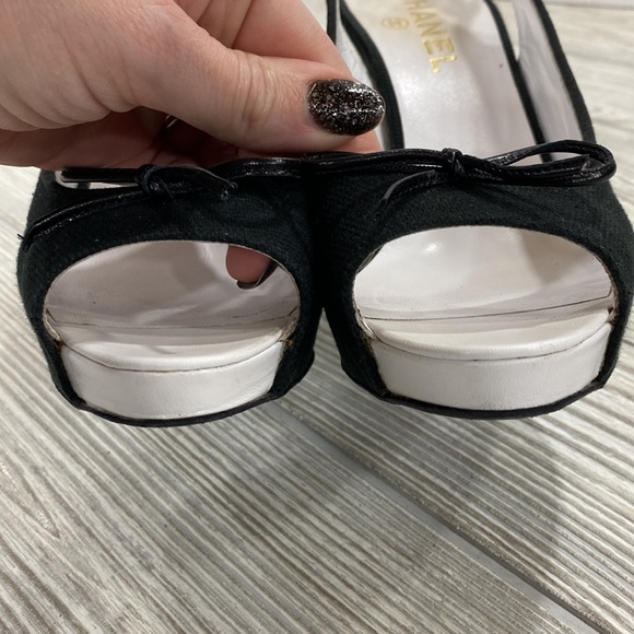 Chanel Black Canvas Peep Toe Slingback Heels - sz 37.5 - Picture 7 of 13